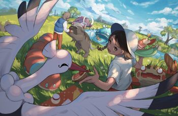 1boy 1girl :d arven_(pokemon) bombirdier braid bread bright_pupils brown_eyes brown_hair cloud commentary_request day dondozo food grass great_tusk hat highres juliana_(pokemon) klawf lettuce mabosstiff nintendo open_mouth orange_shorts orthworm outdoors partial_commentary plate pokemon pokemon_(creature) pokemon_sv school_uniform shirt short_sleeves shorts sky smile tatsugiri tensen_(dotted_line) tomato tomato_slice tree water white_pupils