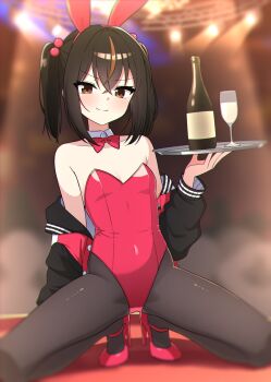 Rule 34 | 1girl, animal ear hairband, animal ears, bamiko (nanju bami), bare shoulders, black hair, black pantyhose, black sleeves, blurry, blurry background, bobbles, bow, bowtie, breasts, brown eyes, brown hair, champagne bottle, champagne flute, closed mouth, commentary request, crossed bangs, cup, detached collar, drinking glass, fake animal ears, hair between eyes, hairband, high heels, highleg, highleg leotard, highres, holding, holding tray, jacket, leotard, long sleeves, looking at viewer, multicolored hair, nanju bami, off shoulder, open clothes, open jacket, original, pantyhose, playboy bunny, rabbit ear hairband, rabbit ears, red bow, red bowtie, red jacket, red leotard, red shoes, shoes, small breasts, smile, solo, spread legs, squatting, stage lights, strapless, strapless leotard, streaked hair, tray, twintails, two-tone hair