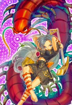 1girl :d absurdres arms_behind_head arms_up back_bow barefoot black_shirt black_skirt blue_eyes blush bow breasts bug centipede commentary_request danmaku diyouyou fang foot_out_of_frame giant_insect gold grey_hair hands_up highres himemushi_momoyo holding holding_pickaxe holding_shovel holding_tool knees long_hair medium_breasts midriff_peek open_mouth orange_bow orange_ribbon pickaxe purple_background ribbon see-through_clothes see-through_shirt see-through_skirt shirt short_sleeves shovel skirt smile solo thighs toenails toes touhou