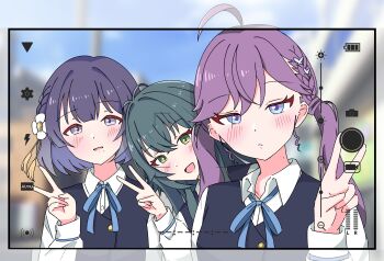 Rule 34 | 3girls, ahoge, blue ribbon, blue vest, blurry, blurry background, blush, commentary request, dress shirt, fake phone screenshot, fake screenshot, gakuen idolmaster, green hair, hataya misuzu, hatsuboshi gakuen school uniform, highres, idolmaster, kaya rinha, looking at viewer, matching outfits, mole, mole on neck, mole under mouth, multiple girls, neck ribbon, outdoors, purple hair, ribbon, school uniform, shinouzip, shirt, smile, syngup! (idolmaster), tsukimura temari, upper body, v, vest, viewfinder, white shirt