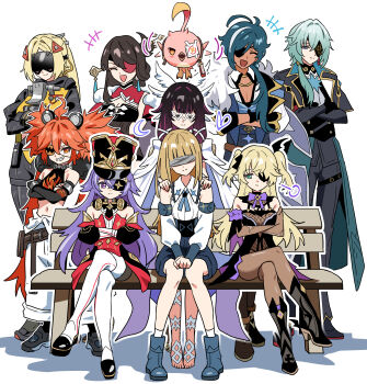 Rule 34 | +++, 2boys, 6+girls, ^ ^, absurdres, ahoge, anaxa (honkai: star rail), animal ears, antenna hair, aqua hair, armlet, bandages, bandages over eyes, bear ears, beidou (genshin impact), belt, belt pouch, bench, bird, black boots, black gloves, black hair, black hat, black jacket, black necktie, black pants, black shirt, black shoes, black sleeves, blindfold mask, blonde hair, blue boots, blue cape, blue hair, blue ribbon, blue shorts, blue vest, blunt bangs, bodystocking, boots, bow, bowtie, brooch, brown belt, brown hair, cacucu (genshin impact), cape, chevreuse (genshin impact), china dress, chinese clothes, cleavage cutout, closed eyes, closed mouth, clothing cutout, collared shirt, columbina (genshin impact), commentary, covered eyes, crop top, crossed arms, crossed bangs, crossed legs, dark-skinned male, dark skin, detached collar, detached sleeves, double-parted bangs, dress, earmuffs, earmuffs around neck, earrings, elbow gloves, english commentary, eye mask, eyepatch, fake animal ears, feathered wings, fischl (genshin impact), flame print, fur-trimmed cape, fur trim, genshin impact, glory (genshin impact), gloves, gold trim, gradient hair, green eyes, grin, hair between eyes, hair intakes, hair ornament, hair over shoulder, hair ribbon, hair stick, hands on another's shoulders, hat, head wings, high heel boots, high heels, highres, honkai: star rail, honkai (series), jacket, jewelry, juliet sleeves, jumpsuit, jumpsuit around waist, kaeya (genshin impact), kiyokezo, koleda belobog, lapels, latex, latex pants, long hair, long sleeves, low ponytail, low twintails, mask, medical eyepatch, mihoyo, multicolored hair, multiple boys, multiple girls, multiple wings, neck ribbon, necktie, on bench, one eye covered, open clothes, open jacket, open mouth, outline, pants, parted bangs, ponytail, pouch, print shirt, puffy sleeves, purple bow, purple bowtie, purple eyes, purple hair, red dress, red eyes, red hair, ribbon, shadow, shako cap, sharp teeth, shirt, shoes, short necktie, short shorts, short sleeves, shorts, sidelocks, simple background, single earring, sitting, sleeve cuffs, sleeveless, sleeveless dress, sleeveless shirt, smile, smirk, socks, split mouth, standing, straight hair, strapless, strapless dress, streaked hair, tassel, tassel earrings, teeth, thigh boots, thigh strap, three-quarter sleeves, trait connection, trigger (zenless zone zero), twintails, two side up, u u, v-shaped eyebrows, very long hair, vest, white background, white boots, white dress, white gloves, white jumpsuit, white mask, white outline, white ribbon, white shirt, white sleeves, white socks, white streaks, wide sleeves, wing collar, wings, zenless zone zero