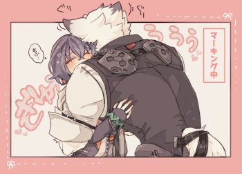 1boy 1girl animal_ear_fluff animal_ears artist_name belle_(zenless_zone_zero) black_jacket black_shirt blue_hair blush border closed_eyes commentary crossed_bangs furry furry_male furry_with_non-furry hair_between_eyes hood hooded_jacket hug interspecies jacket mutual_hug pink_border shirt sio333_gn speech_bubble translation_request twitter_username von_lycaon wolf wolf_ears zenless_zone_zero