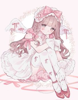 1girl ankle_strap blush bow bow_hairband bracelet braid brown_hair chinstrap closed_mouth collar commentary commission detached_collar dress elbow_on_knee frilled_dress frilled_hairband frills full_body gloves grey_eyes hair_bow hairband hand_on_own_leg highres jewelry knees_up lolita_fashion lolita_hairband long_hair looking_at_viewer najimaru necklace original pearl_bracelet pearl_necklace pink_bow pink_ribbon red_shoes ribbon ribbon-trimmed_hairband shoes side_braid sitting solo strapless strapless_dress symbol-only_commentary thighhighs twitter_username watermark white_bow white_collar white_dress white_gloves white_thighhighs white_wings wing_ribbon wings