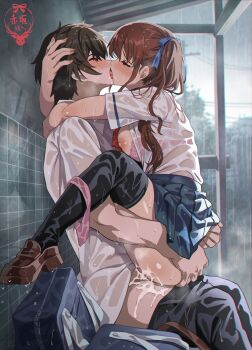 1boy 1girl absurdres akazawa_izumi another black_hair black_thighhighs breasts brown_hair brown_shoes censored clothed_sex commentary_request cum elocca french_kiss grey_sky hetero highres kiss large_breasts loafers long_hair mosaic_censoring outdoors penis rain sakakibara_kouichi school_uniform sex shirt shoes short_hair sky suspended_congress thighhighs wet wet_clothes wet_shirt white_shirt