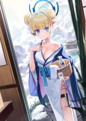 1girl aann_til after_bathing alternate_costume alternate_hairstyle animated blonde_hair blue_archive blue_eyes blurry blurry_foreground blush breasts bucket cleavage collarbone depth_of_field derivative_work double_bun fingernails hair_bun halo hanten_(clothes) heart holding holding_bucket holster japanese_clothes kimono lanyard live2d looking_at_viewer medium_breasts nail_polish obi onsen sash single_bare_shoulder solo spoken_expression spoken_heart steam thigh_holster toki_(blue_archive) video water_drop white_kimono wide_sleeves wooden_bucket yarn_(yarn_03)