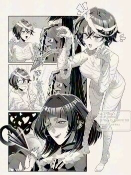 !? +++ 2girls animal_ear_piercing animal_ears belle_(zenless_zone_zero) blush breasts closed_mouth commentary crossed_bangs greyscale hair_between_eyes halloween_costume hands_up heart heart-shaped_pupils highres jane_doe_(zenless_zone_zero) large_breasts leaning_forward licking_lips looking_at_another monochrome mouse_ears mouse_girl mouse_tail multiple_girls mummy_costume muutsurose notice_lines open_mouth shaded_face short_hair smile sweatdrop symbol-only_commentary symbol-shaped_pupils tail tongue tongue_out yuri zenless_zone_zero