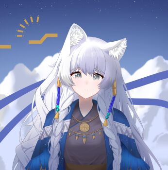 Rule 34 | 1girl, animal ear fluff, animal ears, arknights, black kimono, blue haori, braid, chinese commentary, commentary, expressionless, grey eyes, hair ornament, haori, highres, japanese clothes, jewelry, kimono, long hair, looking at viewer, medallion, necklace, open clothes, pramanix (arknights), pramanix the prerita (arknights), solo, star (sky), twin braids, upper body, white hair, yin hua xue feng