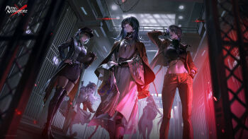 5girls abs ariel_(path_to_nowhere) arm_up artist_request bandage_over_one_eye bandaged_neck bandages bare_shoulders beanie belt black_bandages black_gloves blue_hair boots breasts brown_jacket camera ceiling_light clipboard closed_mouth coat coat_on_shoulders copyright_name crop_top dreamcatcher dress eyepatch fence from_below gloves green_hair grey_hair grey_lips hair_bun hand_in_pocket hand_on_own_hip hat hecate_(path_to_nowhere) hella_(path_to_nowhere) high_heels high_ponytail highres holding holding_clipboard holding_notebook holding_own_arm indoors jacket jewelry large_breasts long_hair military_hat military_uniform miniskirt multiple_girls navel navel_piercing necklace nightingale_(path_to_nowhere) notebook off_shoulder one_eye_covered open_mouth pants panty_straps pantyhose path_to_nowhere piercing pom_pom_(clothes) pom_pom_beanie ponytail prison_cell robe short_dress short_hair skirt sleep_mask standing stomach thigh_boots toned toned_female upswept_hair very_long_hair walking walkway white_belt white_dress white_hair white_robe zoya_(path_to_nowhere)