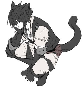 1boy animal_ears belt belt_pouch black_eyes black_hair black_shoes black_vest cat_boy cat_ears cat_tail commentary_request elbow_on_knee final_fantasy final_fantasy_xv garbage_paper gloves head_rest highres kemonomimi_mode korean_commentary looking_to_the_side male_focus noctis_lucis_caelum pants pouch shirt shoes short_hair sketch sleeve_cuffs solo spiked_hair squatting tail vest white_pants white_shirt