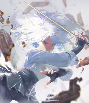 1girl black_gloves blue_eyes clair_obscur:_expedition_33 fingerless_gloves freckles gloves holding holding_sword holding_weapon kiasherria long_hair looking_at_viewer maelle_(clair_obscur:_expedition_33) pants rapier solo sword upper_body weapon white_hair