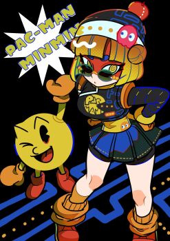 Rule 34 | 1boy, 1girl, @ @, absurdres, arms (game), beanie, bike shorts, blonde hair, blue skirt, bob cut, bracelet, dancho no mori, english text, eye mask, from above, hand up, hands on own hips, hat, highres, jewelry, loose socks, mask, min min (arms), one eye closed, open mouth, pac-man, pac-man (game), pleated skirt, red shoes, revision, shoes, short hair, skirt, smile, socks, sunglasses, yellow eyes, yellow socks