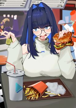 3girls absurdres blue_eyes blue_hair breast_rest breasts breasts_on_table burger commentary detached_sleeves fanged_bangs food french_fries glasses hair_between_eyes highres holding holding_food hololive hololive_english large_breasts long_sidelocks multiple_girls ninomae_ina'nis official_alternate_costume ouro_kronii ouro_kronii_(casual) punpond shirt sidelocks sleeveless sleeveless_turtleneck table takanashi_kiara takanashi_kiara_(1st_costume) turtleneck untranslatable_commentary virtual_youtuber