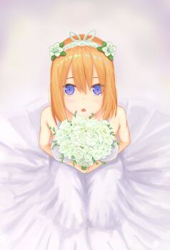 1girl absurdres bare_shoulders blue_eyes blush bouquet bride commentary_request dress flower go-toubun_no_hanayome green_ribbon hair_between_eyes hair_flower hair_ornament hair_ribbon highres holding holding_bouquet looking_at_viewer looking_up nakano_yotsuba open_mouth orange_hair ribbon rose short_hair smaigs solo strapless strapless_dress wedding wedding_dress white_background white_dress white_flower white_rose