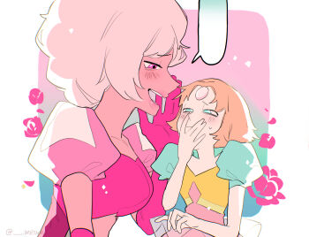 absurdres blue_eyes breasts colored_skin diamond-shaped_pupils diamond_(shape) diamond_(species)_(steven_universe) dress forehead_jewel gem gem_(steven_universe) highres homeworld_gem_uniform mea_mewni multiple_girls pearl_(original_form)_(steven_universe) pearl_(species)_(steven_universe) pearl_(steven_universe) pink_diamond_(steven_universe) pink_eyes pink_hair pink_skin short_hair smile steven_universe symbol-shaped_pupils yuri