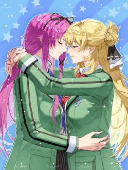 Rule 34 | 2girls, agnes claudel, aramis high school uniform, black hairband, blonde hair, blue necktie, bow, braid, bun with braided base, closed eyes, commentary, commission, eiyuu densetsu, english commentary, floating hair, from side, hair between eyes, hair bow, hair bun, hairband, highres, hug, implied yuri, jacket, kuro no kiseki, kuro no kiseki (series), kuro no kiseki ii, lezissmitozer, multiple girls, necktie, plaid clothes, plaid necktie, purple hair, red necktie, renne (eiyuu densetsu), school uniform, single hair bun, smile, twintails, two-tone background, upper body, watermark, watermark grid