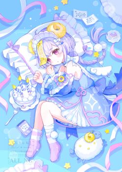 1girl bandaged_leg bandages bare_shoulders blue_background blue_dress blue_sleeves blush braid commentary_request detached_sleeves dress fork frilled_sleeves frills full_body genshin_impact highres horns long_hair long_sleeves looking_at_viewer lying maid_headdress ofuda ofuda_on_head on_side parted_lips pillow pink_ribbon pink_socks pleated_dress purple_hair qiqi_(genshin_impact) red_eyes ribbon sheep sheep_horns sleeveless sleeveless_dress socks solo star_(symbol) watermark wide_sleeves yutukicom