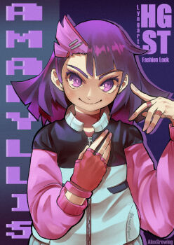 1girl alex_growing amaryllis_(high_guardian_spice) artist_name asymmetrical_bangs bandaid bandaid_on_finger bandaid_on_hand black_jacket blue_jacket bracelet breasts bright_pupils character_name closed_mouth commentary english_commentary film_grain fingerless_gloves flipped_hair gloves hair_behind_ear hair_ornament hand_on_own_chest hands_up high_guardian_spice highres jacket jewelry long_sleeves looking_at_viewer medium_hair multicolored_jacket nail_polish pink_jacket pink_nails pink_pupils pointing pointing_at_self puffy_long_sleeves puffy_sleeves purple_background purple_eyes purple_hair red_gloves simple_background single_fingerless_glove single_glove small_breasts smile solo straight-on upper_body v-bangs v-shaped_eyebrows zipper