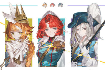 Rule 34 | 3girls, absurdres, ascot, blue eyes, blue hat, blue jacket, blue vest, brown gloves, buttons, cape, closed mouth, club (weapon), commentary, double-breasted, dress, glint, gloves, green eyes, grey eyes, grey hair, gun, hair ornament, hand up, hat, hat feather, highres, holding, holding club, holding gun, holding quill, holding weapon, jacket, long braid, long hair, looking at viewer, marsha (reverse:1999), multiple girls, official alternate costume, orange hair, quanx70909457, quill, red hair, reverse:1999, rifle, sentinel (reverse:1999), shirt, short hair, sonetto (reverse:1999), sonetto (the steadfast heart) (reverse:1999), untranslatable commentary, upper body, vest, weapon, white ascot, white background, white cape, white dress, white gloves, white shirt, wing hair ornament