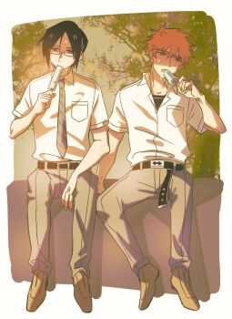 2boys belt black_hair black_shirt bleach blue_eyes brown_pants brown_shoes collared_shirt food glasses hair_between_eyes hot ishida_uryuu kurosaki_ichigo male_focus multiple_boys necktie orange_eyes orange_hair outdoors pants popsicle satsumikan school_uniform shade shirt shirt_pocket shoes sitting sweat tree white_shirt