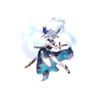 1girl ahoge alternate_costume aqua_dress aqua_eyes black_dress black_hairband black_shoes butterfly_hair_ornament china_dress chinese_clothes cleavage_cutout clothing_cutout dress dress_flower flower full_body game_cg gold_trim grey_hair hair_between_eyes hair_ornament hairband highres hitodama konpaku_youmu konpaku_youmu_(ghost) looking_at_viewer multicolored_dress multiple_swords non-web_source official_art open_mouth over_shoulder petal_print pink_flower print_dress second-party_source sheath sheathed shoes short_hair side_slit sleeveless sleeveless_dress solo sword sword_over_shoulder touhou touhou_gensou_eclipse transparent_background two-sided_dress two-sided_fabric u_u_zan unsheathing weapon weapon_over_shoulder