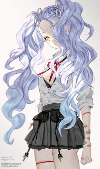 1girl bandaid bandaid_on_arm black_bra black_skirt blue_hair bra breasts commentary cross forehead hair_ornament hairclip highres long_hair looking_at_viewer original oto1_030 school_uniform simple_background skirt small_breasts solo twintails underwear upper_body white_background yellow_eyes