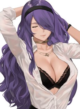 1girl absurdres black_bra bra breasts camilla_(fire_emblem) choker cleavage closed_eyes female_focus fire_emblem frilled_bra frills hair_over_one_eye hairband highres j@ck jewelry large_breasts long_hair necklace nintendo purple_hair shirt solo underwear white_shirt