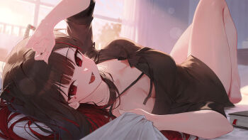 Rule 34 | 1girl, arm up, bed sheet, black dress, black hair, blunt bangs, blush, bow, breasts, cleavage, commentary, commission, curtains, dress, fingernails, huhi (huhi 1211), indoors, large breasts, lens flare, long hair, looking at viewer, lying, multicolored hair, on back, original, red eyes, sheet grab, solo, sunlight, two-tone hair, very long hair, window