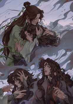 2boys bindi black_hanfu black_nails bracer brown_eyes brown_hair chinese_clothes closed_eyes commentary djuney9 fingernails green_hanfu hair_bun hands_on_own_head hanfu highres hug long_hair long_sleeves looking_up luo_binghe male_focus multiple_boys multiple_views official_art open_mouth parted_lips reaching reaching_towards_another renzha_fanpai_zijiu_xitong ribboned_xiao_guan sharp_fingernails shen_qingqiu smoke surprised symbol-only_commentary upper_body wide-eyed wide_sleeves xiao_guan_(headdress) zuiyin