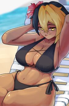 Rule 34 | absurdres, armpits, arms up, avispa nectarinia, beach, bikini, black bikini, black hair, blonde hair, breasts, chair, dark-skinned female, dark skin, flower, fresh kiwi, hair flower, hair ornament, hand on own head, highres, indie virtual youtuber, large breasts, lounge chair, multicolored hair, sitting, swimsuit, thighs, tongue, tongue out, two-tone hair, virtual youtuber, yellow eyes