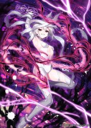 Rule 34 | 1girl, arm up, bandaged arm, bandaged leg, bandages, bodysuit, boots, breasts, brown eyes, commentary request, dark whip, earrings, grey footwear, grey hair, holding, holding weapon, jewelry, knee boots, looking at viewer, official art, small breasts, smile, solo, torn bodysuit, torn clothes, weapon, weapon request, white bodysuit, wixoss, yamabukiiro