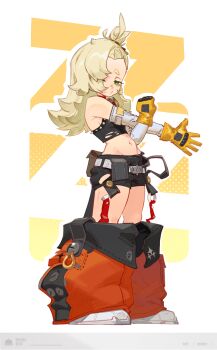 1girl a_tai bare_shoulders belt black_shirt black_shorts blonde_hair blush commentary crop_top dated_commentary detached_pants detached_sleeves dotted_background full_body gloves goggles goggles_around_neck green_eyes half-closed_eyes highres long_hair looking_at_viewer midriff navel o3o orange_pants pants piper_wheel shirt short_eyebrows shorts solo spiked_shirt stretching thick_eyebrows torn_clothes torn_shirt two-tone_background white_background white_shorts yellow_background yellow_gloves zenless_zone_zero