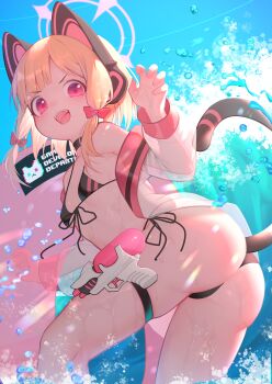 1girl :d absurdres akuma_(st.takuma) animal_ear_headphones animal_ears ass bare_shoulders bikini black_bikini black_choker blonde_hair blue_archive blue_sky blush bow breasts cat_ears choker claw_pose commentary day fake_animal_ears from_behind front-tie_bikini_top front-tie_top hair_bow hair_over_shoulder halo hands_up headphones highres holding holding_swim_ring holster innertube jacket kneepits loli long_sleeves looking_at_viewer momoi_(blue_archive) off_shoulder open_clothes open_jacket open_mouth outdoors pink_halo red_bow red_eyes see-through_clothes see-through_sleeves side-tie_bikini_bottom sky small_breasts smile solo string_bikini sunlight swim_ring swimsuit tail teeth thigh_holster thigh_strap thighs upper_teeth_only water water_drop water_gun white_jacket