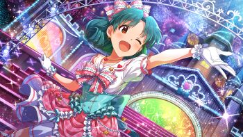 1girl ;d blush bow commentary_request concert dress dress_bow fireworks frilled_dress frills game_cg gloves green_hair hair_bow heart heart_necklace idolmaster idolmaster_million_live! idolmaster_million_live!_theater_days jewelry multicolored_dress necklace official_alternate_costume official_art one_eye_closed open_mouth orange_eyes outstretched_arm pink_bow short_hair short_sleeves smile solo stage stage_lights standing third-party_source tokugawa_matsuri white_gloves