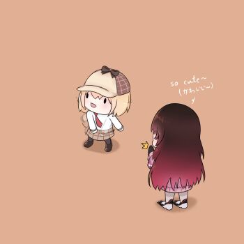 2girls :d ^^^ afterimage black_bow black_gloves black_hair black_pantyhose black_shoes blonde_hair bow brown_background brown_hair brown_hat brown_skirt chibi commentary deerstalker english_commentary english_text fong_(fongthe0125) fortnite gloves gradient_hair hat highres hololive hololive_english hood hoodie long_sleeves multicolored_hair multiple_girls necktie open_mouth pantyhose pink_hoodie puffy_long_sleeves puffy_sleeves red_necktie roboco-san roboco-san_(hoodie) shadow shirt shoes simple_background skirt smile solid_oval_eyes standing translation_request virtual_youtuber watson_amelia watson_amelia_(1st_costume) white_shirt