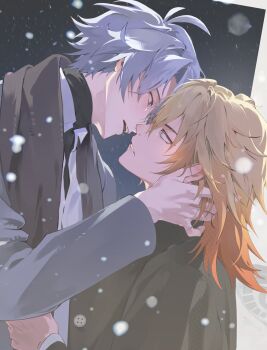 Rule 34 | 2boys, absurdres, antenna hair, black choker, black coat, black jacket, black shirt, blonde hair, blue eyes, braid, choker, coat, collared shirt, commentary request, from side, gradient hair, highres, honkai: star rail, honkai (series), imminent kiss, jacket, korean commentary, male focus, medium hair, multicolored hair, multiple boys, mydei (honkai: star rail), parted bangs, phainon (honkai: star rail), pitzconee, profile, red hair, shirt, short hair, side braid, turtleneck, turtleneck shirt, white hair, white shirt, yaoi, yellow eyes