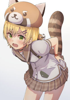 1girl amayomiyu animal_hat black_neckerchief blonde_hair blush brown_sailor_collar brown_skirt commentary cowboy_shot frown green_eyes hair_between_eyes hair_ornament hairclip hand_on_own_hip hat heaven_burns_red leaning_forward looking_at_viewer maruyama_kanata miniskirt neckerchief open_mouth parallel_hairclips plaid_clothes plaid_skirt pleated_skirt raccoon_tail sailor_collar school_uniform serafuku shirt short_hair short_sleeves simple_background skirt solo tail tail_raised twitter_username v-shaped_eyebrows white_background white_shirt