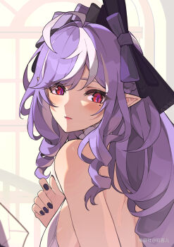 1girl absurdres ahoge back bare_shoulders black_nails blush bow breasts closed_mouth commentary_request drill_hair drill_sidelocks hairband highres indoors jizaier light_smile long_hair looking_back medium_breasts mole mole_under_eye open_mouth pointy_ears purple_bow purple_hair purple_hairband red_eyes shoulder_blades sideboob_cutout sidelocks solo upper_body vivian_banshee zenless_zone_zero