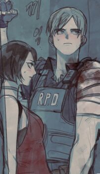 Rule 34 | 1boy, 1girl, ada wong, averting eyes, bandaged arm, bandages, bare shoulders, black gloves, black hair, blonde hair, blood, blood stain, blue eyes, blue shirt, blush, choker, closed mouth, collared shirt, dress, fingerless gloves, from side, gloves, hashtag-only commentary, highres, leon s. kennedy, looking at another, nul, police, profile, red dress, resident evil, resident evil 2, shirt, short hair, sleeveless, sleeveless dress, sweatdrop, upper body