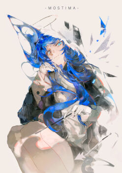 1girl absurdres arknights black_halo black_jacket black_shorts blue_butterfly blue_eyes blue_hair bug butterfly butterfly_wings character_name closed_mouth commentary cowboy_shot deng_wo_qu_shang_ge_cesuo eyelashes gloves hair_over_shoulder halo hand_on_own_cheek hand_on_own_face highres insect insect_wings jacket long_hair long_sleeves looking_at_viewer mostima_(arknights) newspaper open_clothes open_jacket shards short_shorts shorts sitting smile solo symbol-only_commentary wavy_hair white_background white_gloves wings