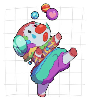 1boy animal_crossing arms_up ball clown commentary_request curled_horns facepaint full_body furry furry_male grid_background heart horns juggling kopa_nishikida lipstick long_sleeves looking_up makeup male_focus nintendo pants pietro_(animal_crossing) purple_pants sheep_boy sheep_horns shirt solo standing standing_on_one_leg striped_clothes striped_shirt