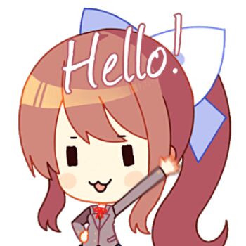 1girl animated animated_png artist_request blinking chibi chibi_only doki_doki_literature_club english_text grin hand_on_own_hip high_ponytail long_hair long_sidelocks looking_at_viewer lowres monika_(doki_doki_literature_club) official_art pink_hair ponytail sidelocks smile solo waving