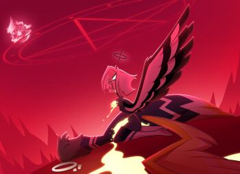 1boy 1girl adam_(hazbin_hotel) amputee black_pants blood boots brown_hair halo hazbin_hotel hellaverse highres lute_(hazbin_hotel) mountain pants pentagram red_sky saitypepper screaming short_hair sky teeth torn_clothes white_boots white_hair wings yellow_blood