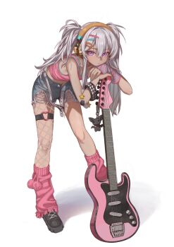 1girl belt dark-skinned_female dark_skin expressionless guitar highres instrument looking_at_viewer midriff naruto_maki_(naruto05) navel open_fly short_shorts shorts simple_background tag tagme white_background