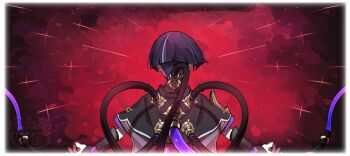 Rule 34 | 1boy, armor, arms at sides, black hair, black kimono, black sleeves, blunt ends, border, cable, commentary, facing away, fingernails, from behind, furisode, genshin impact, grey hair, japanese armor, japanese clothes, kimono, kote, kurokote, layered sleeves, male focus, multicolored hair, open hands, outstretched arms, purple sash, purple sleeves, red background, red sash, sash, scaramouche (genshin impact), scene reference, short sleeves, single sode, solo, spread arms, streaked hair, w 0reha, watermark, white border