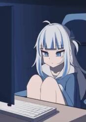 1girl ahoge animated ass blue_eyes blue_hair bottomless breasts censored clothes_lift computer_keyboard crotch_rub feet fidgeting fins fish_tail from_below from_side gawr_gura gluteal_fold groin hair_ornament have_to_pee heart heart_censor hololive hololive_english hood hoodie hoodie_lift loli long_hair multicolored_hair nail_polish navel no_panties pee peeing pussy shark_tail shirt_lift short_twintails sitting small_breasts smile solo spread_pussy spreading_own_pussy squatting standing streaked_hair tagme tail tenroy toilet toilet_use twintails video virtual_youtuber white_background white_hair