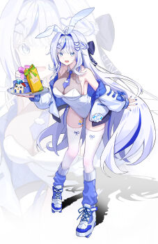Rule 34 | 1girl, absurdres, ahoge, animal ears, aokumo rin, bandaid on thigh, bare shoulders, blue bow, blue eyes, blue hair, blue nails, blue necktie, blue streaks, bodystocking, bow, box, braid, breasts, character name, collarbone, collared leotard, colored inner hair, commentary, fake animal ears, full body, gift, gift box, hair bow, hair intakes, hair ornament, halterneck, hands up, heart, heart hair ornament, highres, holding, holding tray, jacket, kku ri 92, kneehighs, kurimi (aokumo rin), large breasts, leaning forward, leotard, light blush, long hair, long sleeves, looking at viewer, multicolored hair, nail polish, name tag, necktie, off shoulder, one eye covered, open mouth, playboy bunny, rabbit ears, roller skates, see-through cleavage, see-through clothes, shoes, side braid, sidelocks, simple background, skates, sleeve bow, sleeves past wrists, smile, socks, solo, stellive, teeth, thighhighs, thighs, tray, two-sided fabric, two-sided jacket, upper teeth only, very long hair, virtual youtuber, white background, white hair, white jacket, white leotard, white thighhighs, zoom layer