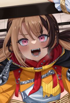 2girls :d artist_name between_legs blush brown_hair cecilia_immergreen cecilia_immergreen_(1st_costume) commentary earrings english_commentary gardavwar gigi_murin gigi_murin_(1st_costume) gold_trim heavy_breathing highres hololive hololive_english hooded_shrug implied_cunnilingus jewelry kneeling looking_at_viewer multicolored_hair multiple_girls open_mouth orange_hood orange_shrug pink_eyes pov saliva saliva_trail sharp_teeth short_hair shrug_(clothing) smile stud_earrings sweat table teeth thighs twintails two-tone_hair under_table v-shaped_eyebrows virtual_youtuber yuri