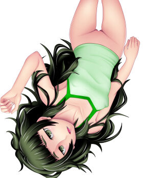 1girl blunt_bangs bottomless breasts collar commentary_request covered_erect_nipples dress green_collar green_eyes green_hair green_panties green_tank_top highres hiyajou_maho jacket loli long_hair looking_at_viewer lower_teeth_only lying messy_hair on_back open_mouth panties pussy science_adventure small_breasts solo steins;gate steins;gate_0 tank_top teeth tongue uncensored underwear very_long_hair white_background yantaka