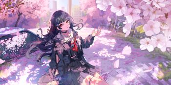 1girl absurdres arm_cutout black_choker black_hair black_jacket black_serafuku black_shirt black_skirt cherry_blossoms chisa_(wuthering_waves) choker clothing_cutout commentary_request hair_ribbon hand_up highres jacket long_hair long_sleeves looking_at_viewer neckerchief outdoors parted_lips red_eyes red_neckerchief red_ribbon ribbon sailor_collar sakatsuki_yakumo school_uniform serafuku shirt skirt solo tacet_mark_(wuthering_waves) white_sailor_collar wuthering_waves