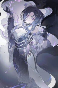 Rule 34 | 1girl, bare shoulders, black gloves, black hair, black hat, black kimono, breasts, bug, butterfly, butterfly hair ornament, cleavage, feet out of frame, gloves, hair ornament, hashtag-only commentary, hat, highres, housho margo, insect, japanese clothes, kimono, large breasts, lolita fashion, long sleeves, looking at viewer, mahou shoujo no majo saiban, mini hat, mini top hat, pale skin, parted bangs, parted lips, purple butterfly, purple eyes, short hair, smile, solo, standing, top hat, wa lolita, wide sleeves, zhu yu (xuqingzhou0530)